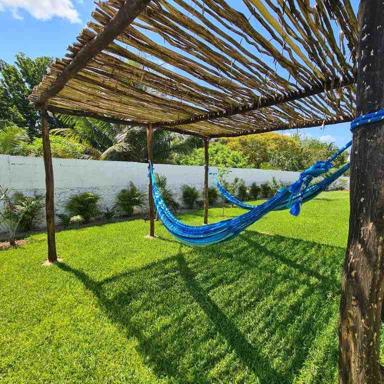 Blue hammock beneath a shaded pergola in the garden
